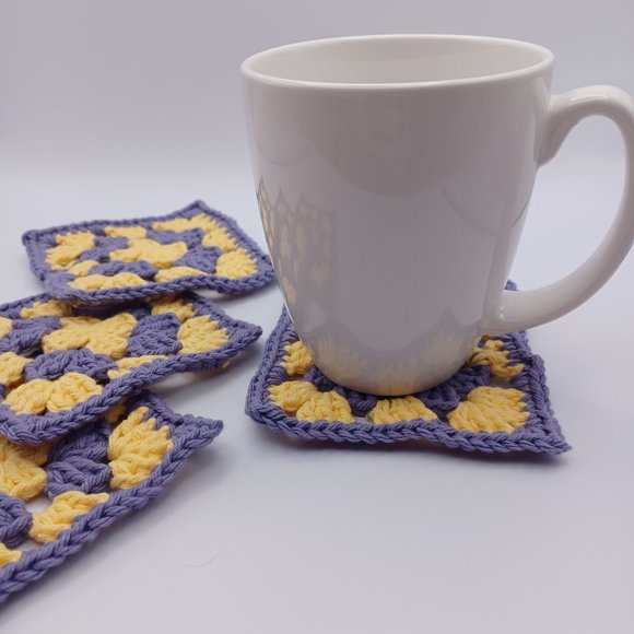 Handcrafted Cotton Coasters - Set of 4 - Purple and Yellow - Picture 7 of 7